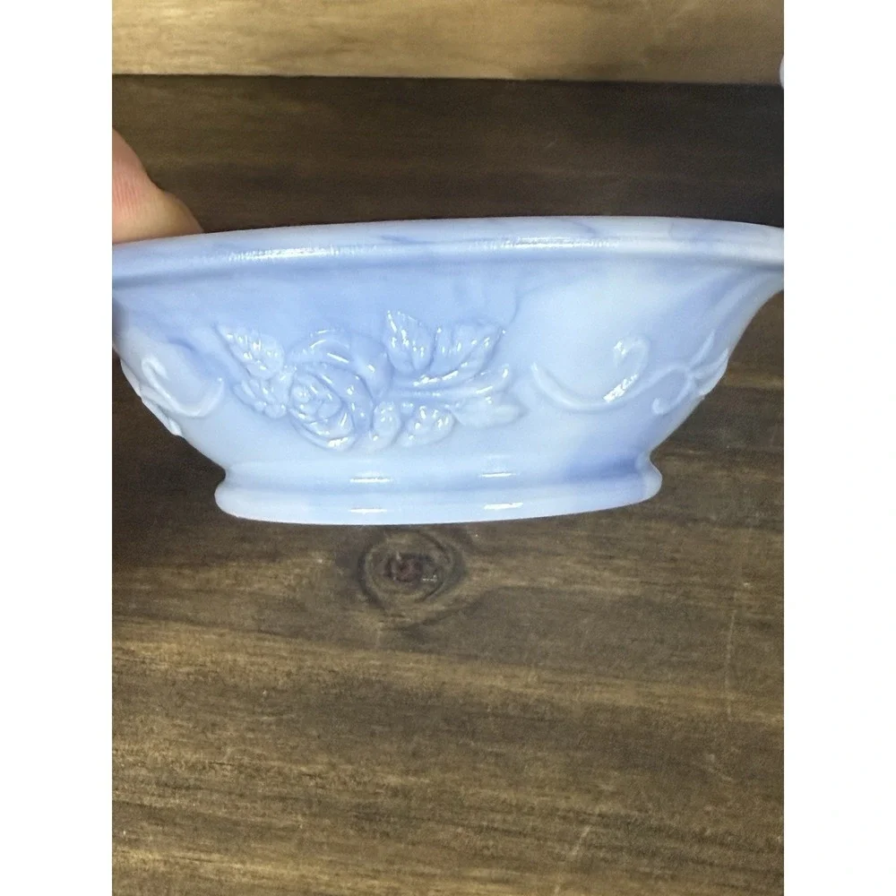 VTG Avon Blue Glass‎ Pitcher Bowl Soap Set Blue Slag Milk Glass W/ Original Soap